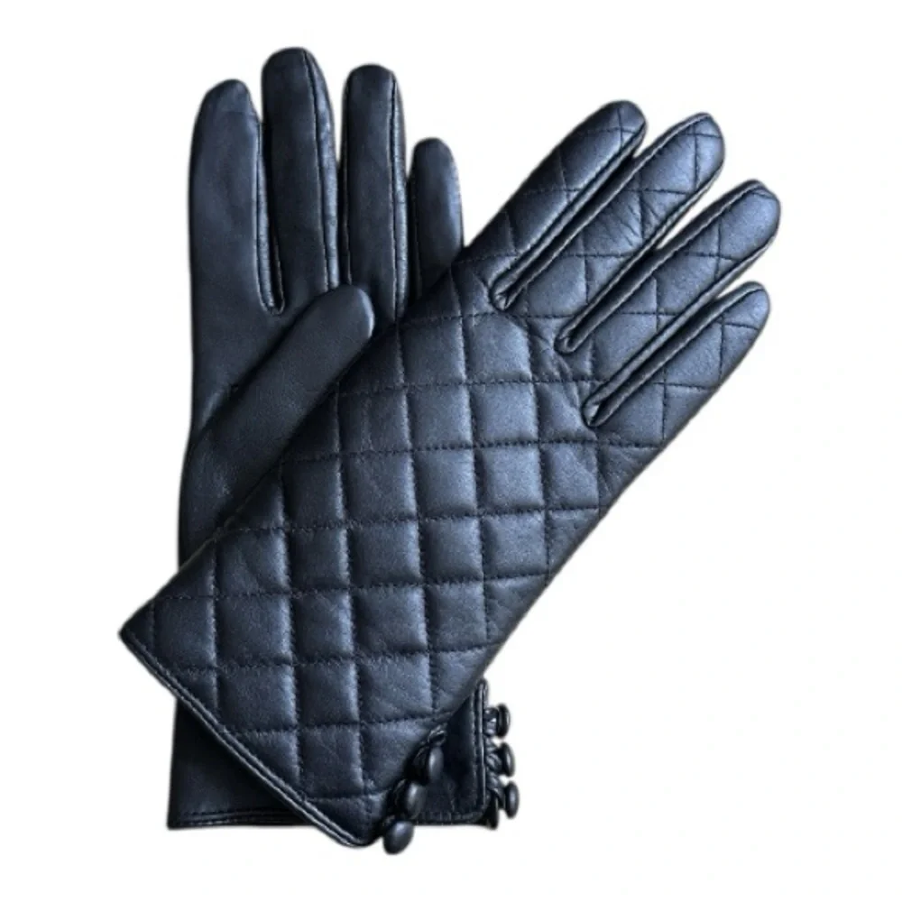 Dennis Basso Black Quilted Leather Gloves with Buttons Women's Size S